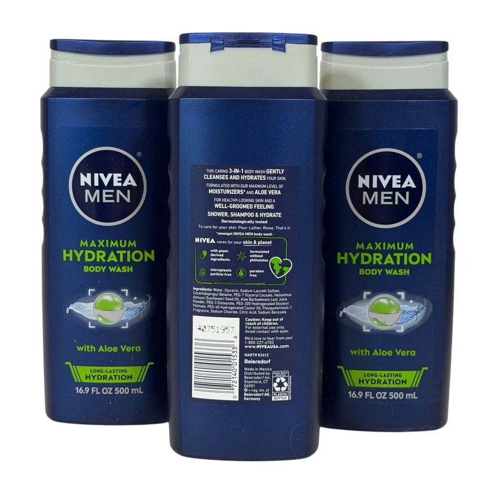 Nivea Men's Maximum Hydration Body Wash with Aloe Vera 16.9oz 3-Pack Bundle